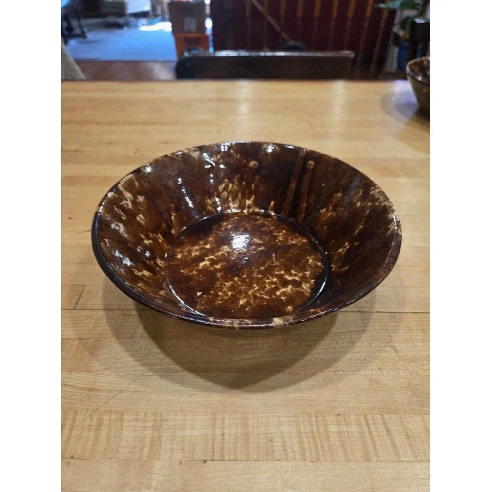 Antique Ohio Rockingham Glazed Sunburst Spongeware Pottery Bowl 9.5